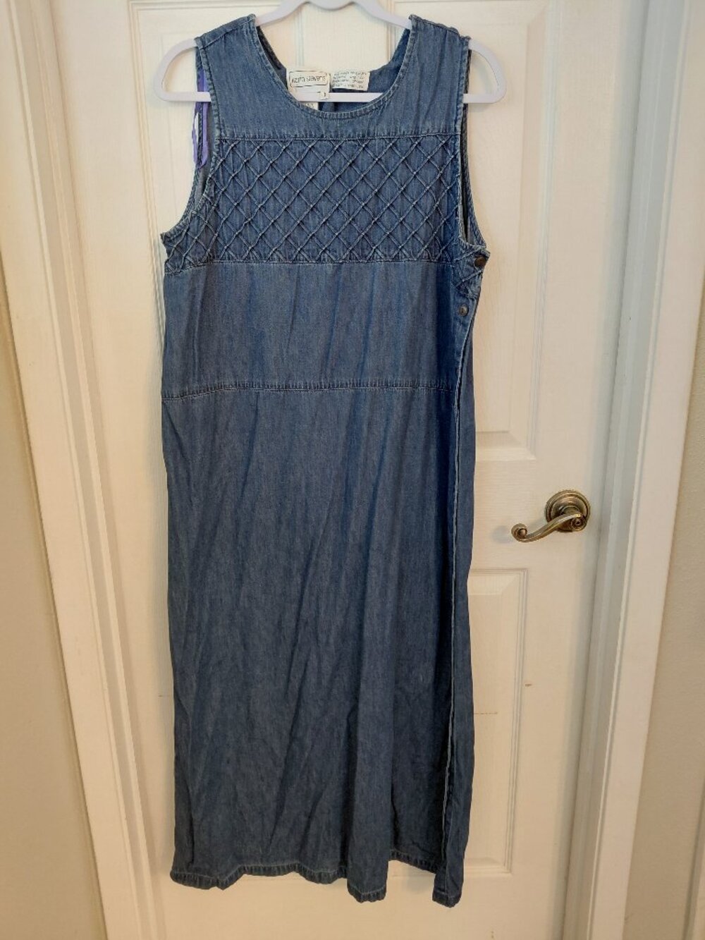 Vintage Karin Stevens Denim Embroidered Maxi Dress Buttons Size 16 Mature Cottag